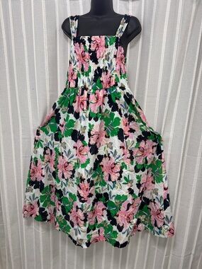 Floral Summer Sundress with Pink & Green Blooms Smock Top with Pockets Size 10